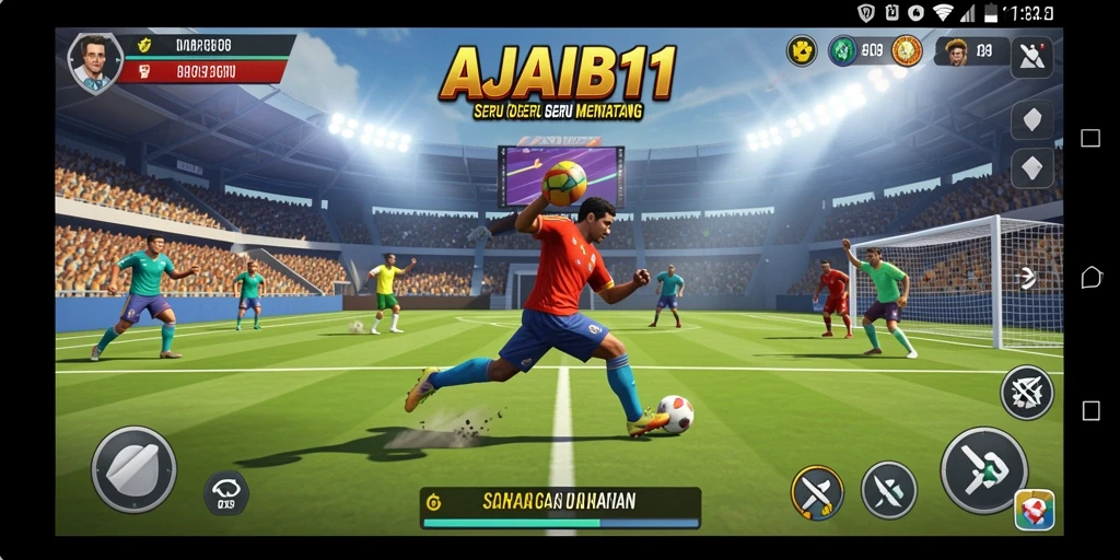 Screenshot utama AJAIB11 menunjukkan aksi seru dalam pertandingan olahraga.