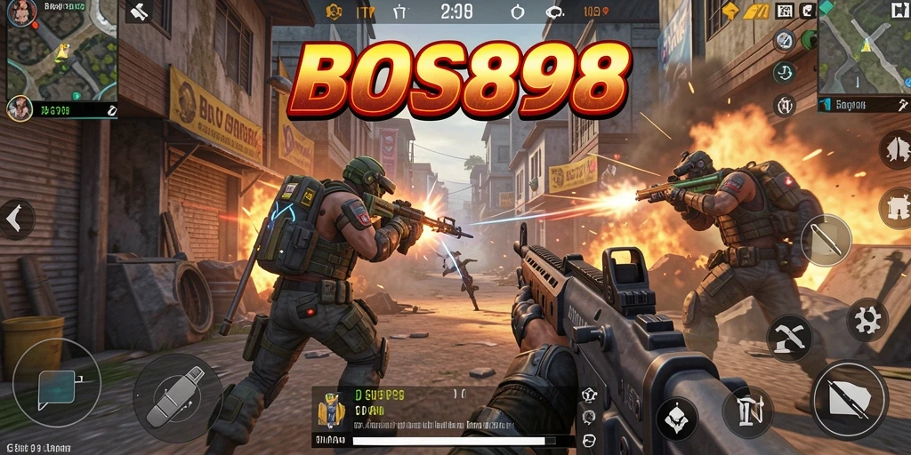 Screenshot BOS898 menunjukkan aksi tembak-menembak yang intens dalam permainan TPS.