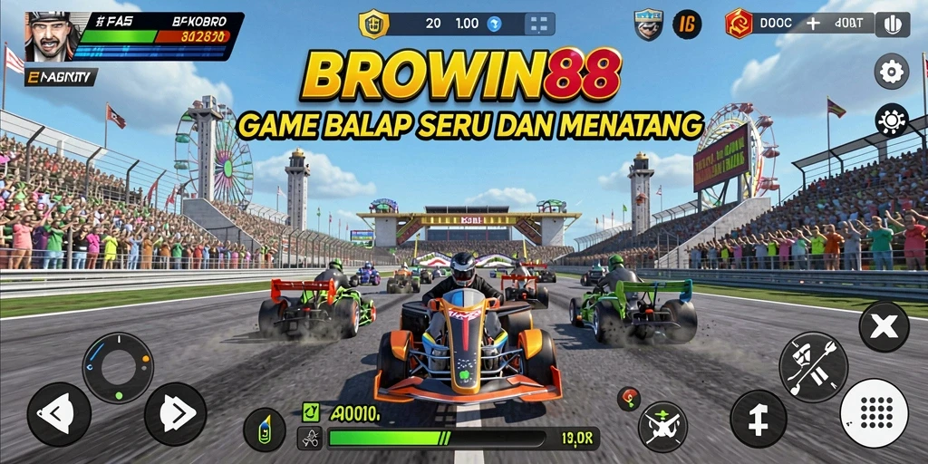 Screenshot gameplay BROWIN88 memperlihatkan aksi balapan mendebarkan.