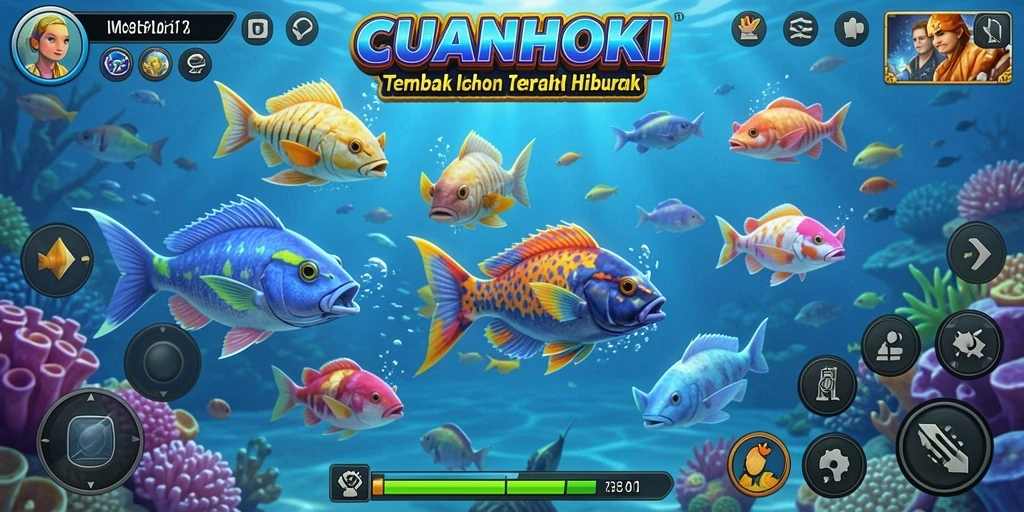 Tampilan gameplay seru dalam CUANHOKI saat menembak ikan.