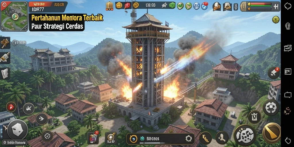 Tampilan gameplay <strong>IDR77</strong> menampilkan aksi menara di medan perang.