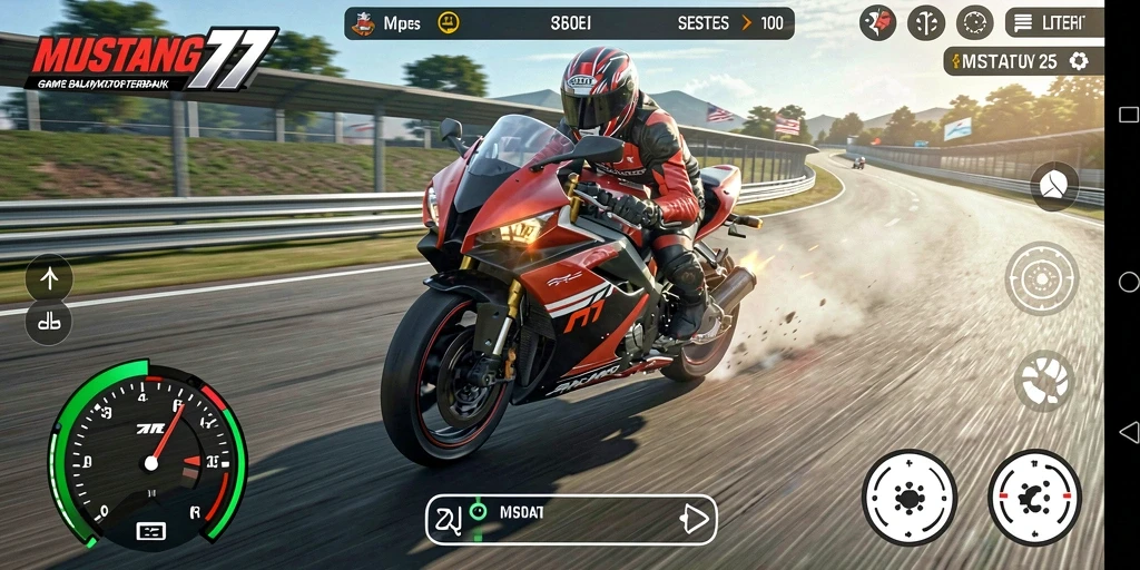 Screenshot gameplay MUSTANG77 menunjukkan aksi balapan motor yang mendebarkan.
