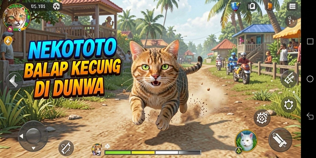 Tampilan utama gameplay NEKOTOTO dengan balapan kucing yang seru.