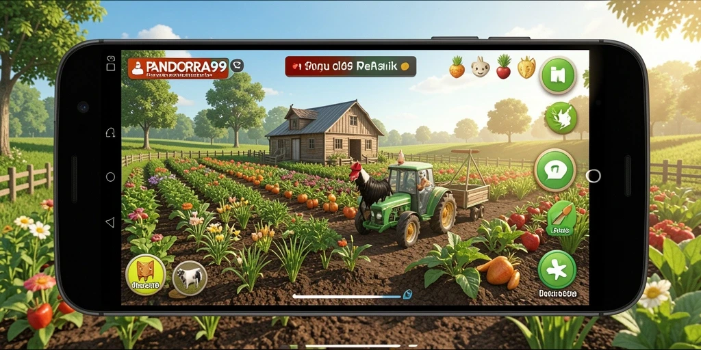 Gambar menunjukkan gameplay bertani di PANDORA99 dengan berbagai tanaman.