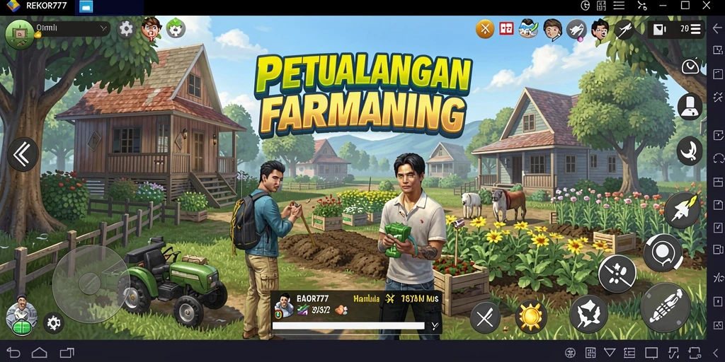 Tangkapan layar gameplay <strong>REKOR777</strong> menampilkan aktivitas bertani yang seru dan interaksi dengan karakter lain.
