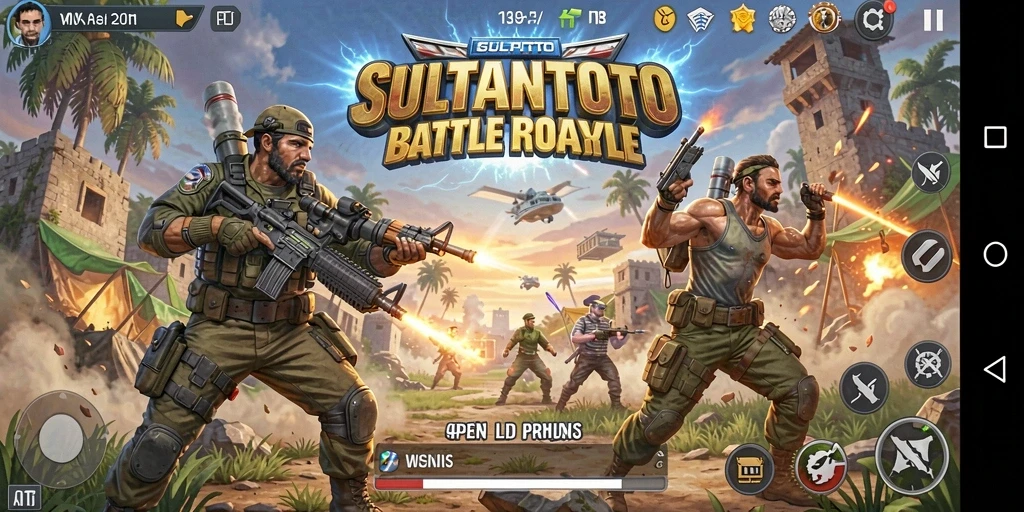 Screenshot utama SULTANTOTO menunjukkan aksi pertempuran intens di medan Battle Royale.