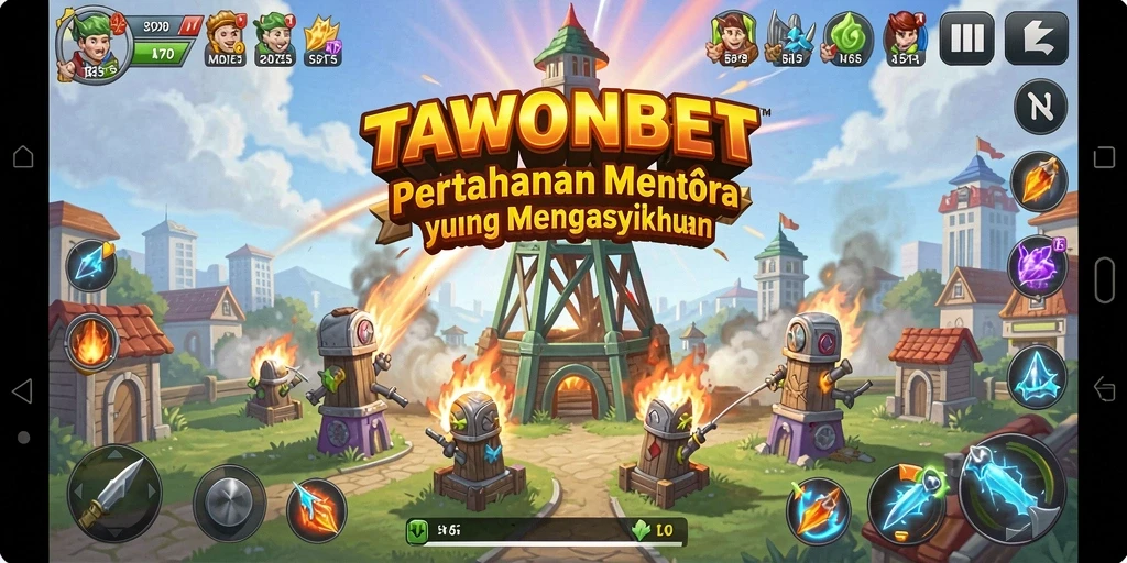 Screenshot gameplay TAWONBET yang menampilkan menara dan musuh.